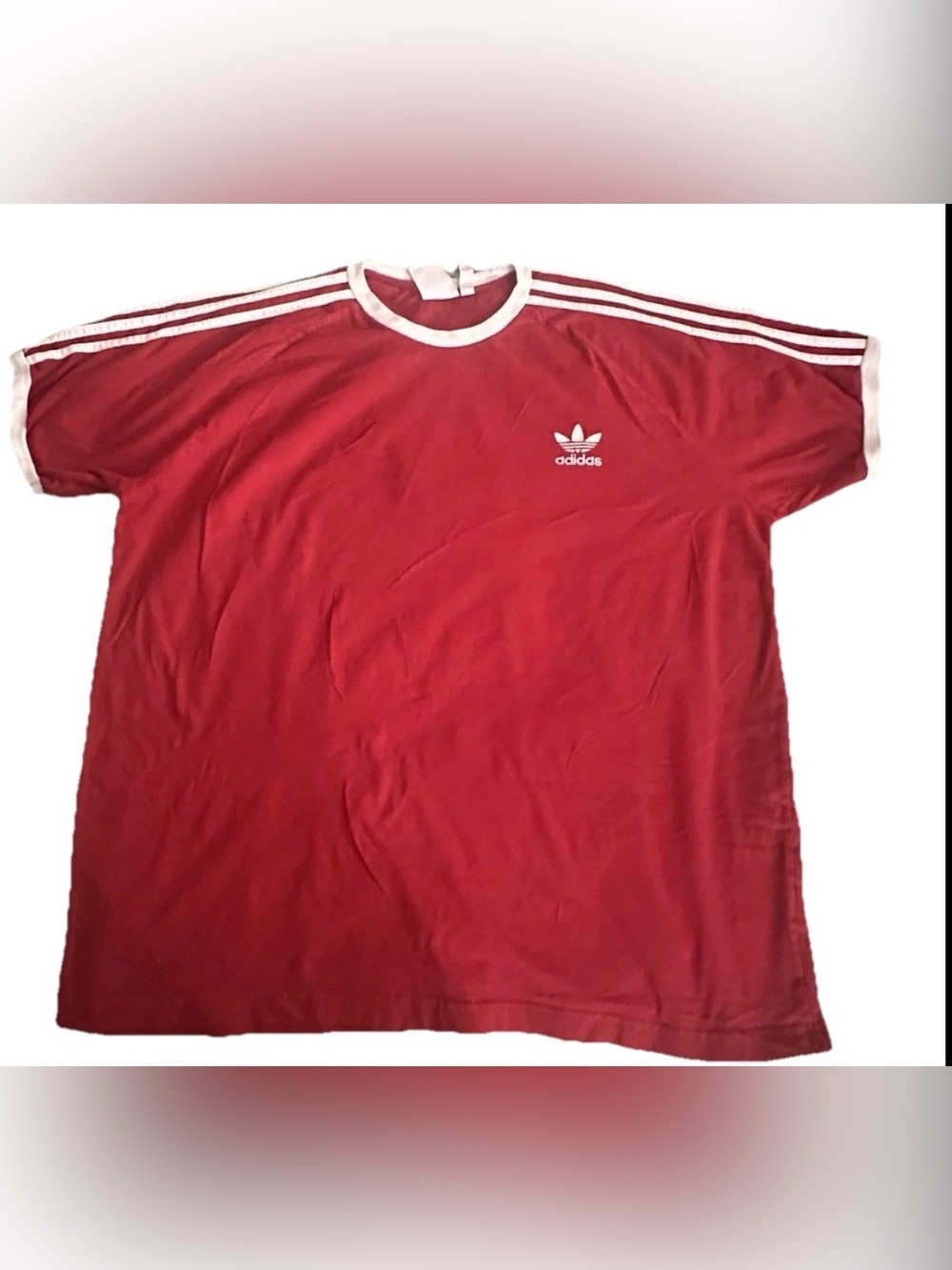 adidas Red Short Sleeve Trefoil Stripe Tee with White Accents